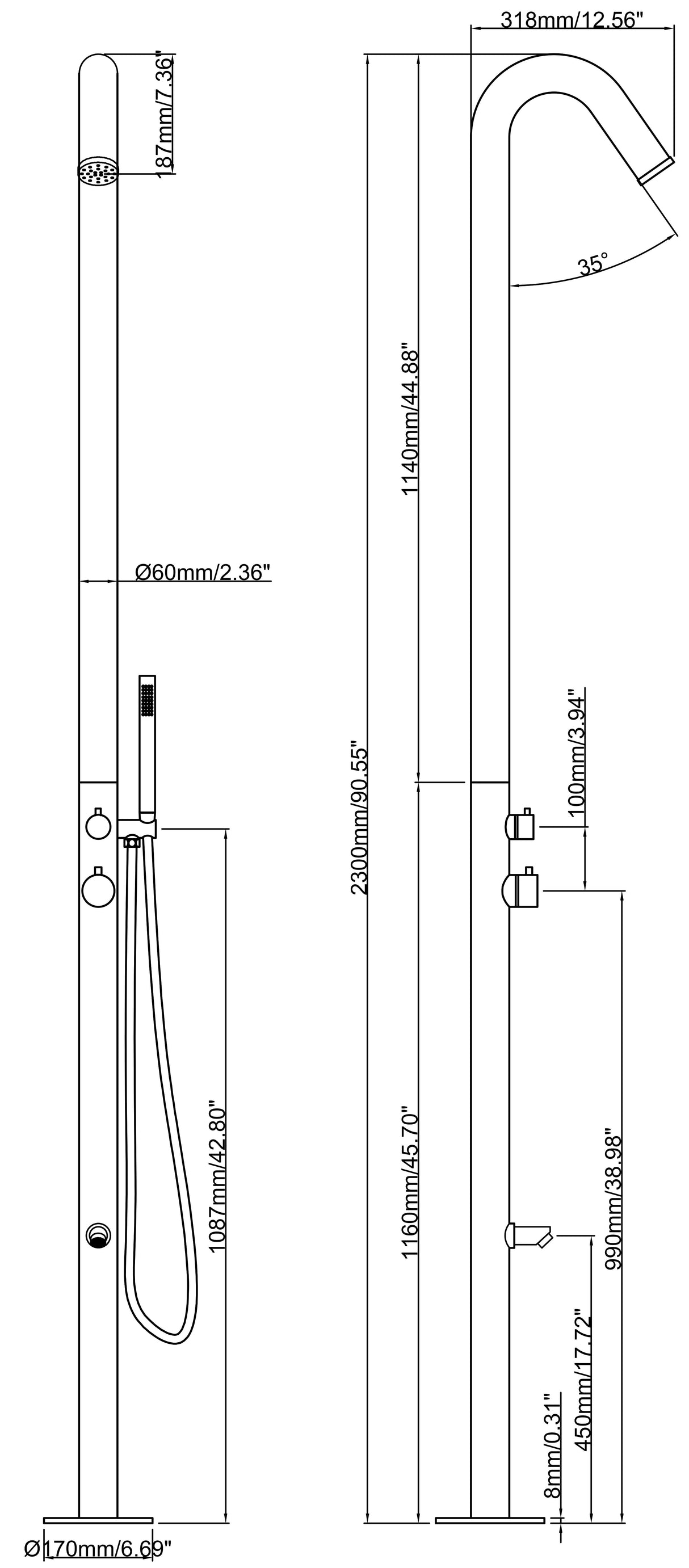 Wayime 91" Separable&Composable Free-Standing Brushed Stainless Steel 304 Spary Outdoor Shower with DOE Certificate